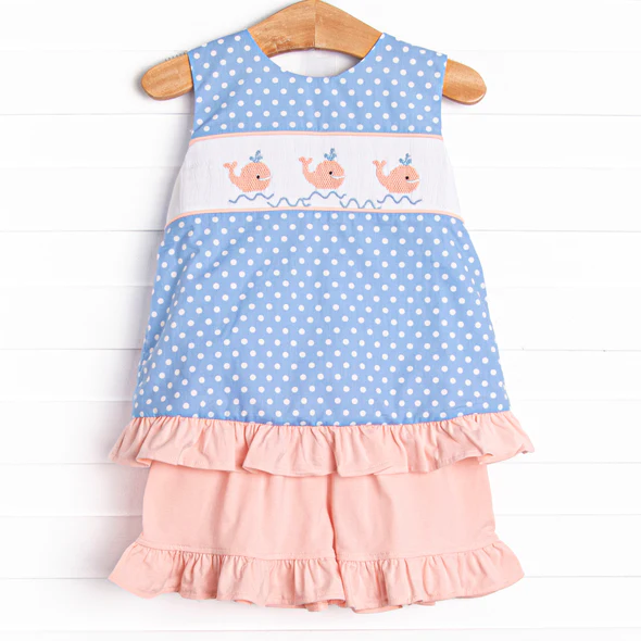 (Custom Design Preorder MOQ 5) Whale Blue Dots Tunic Top Pink Shorts Girls Summer Clothes Set