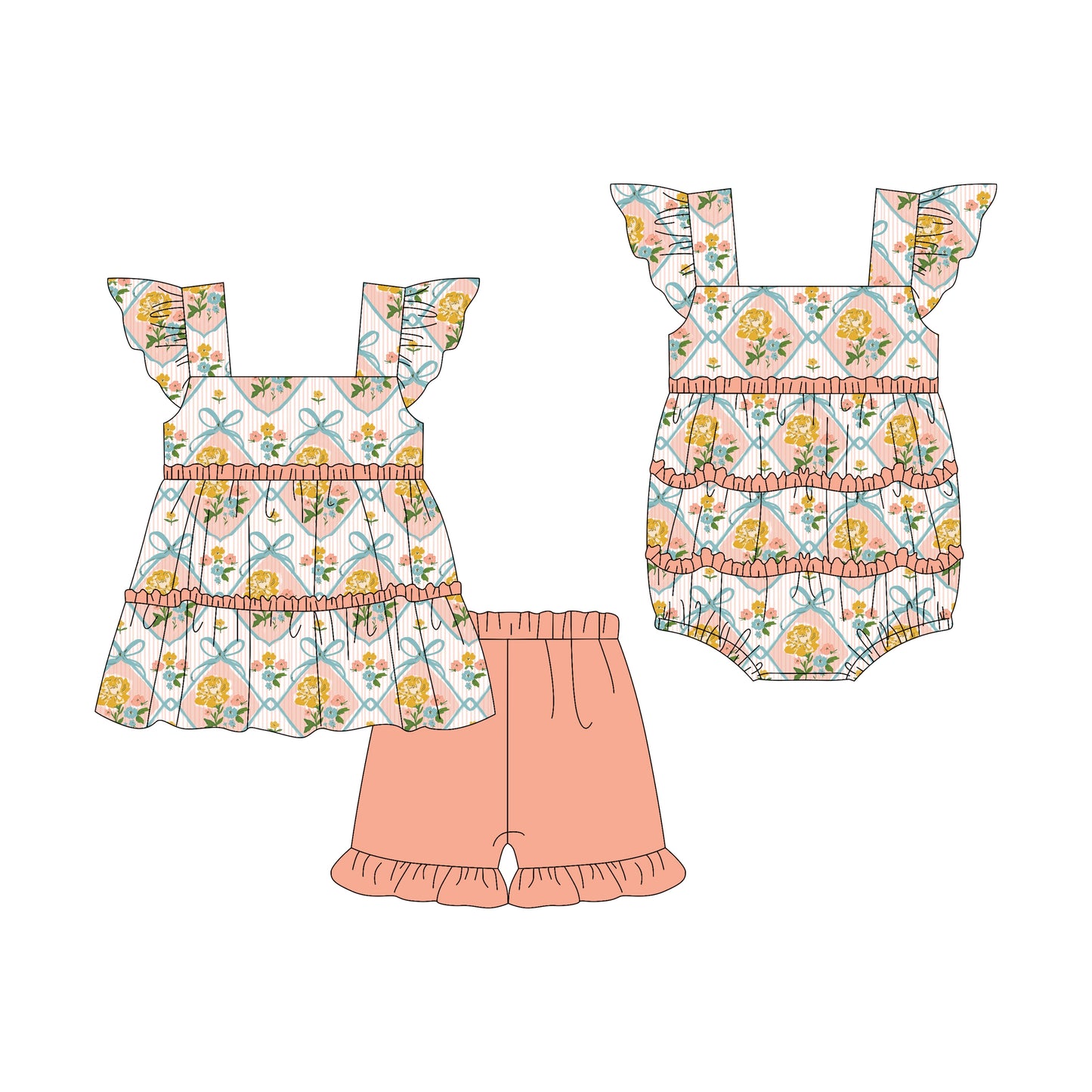 3.7(Custom Design Preorder MOQ 5 Each Design) Orange Flowers Print Girls Summer Matching Clothes Sisters Wear