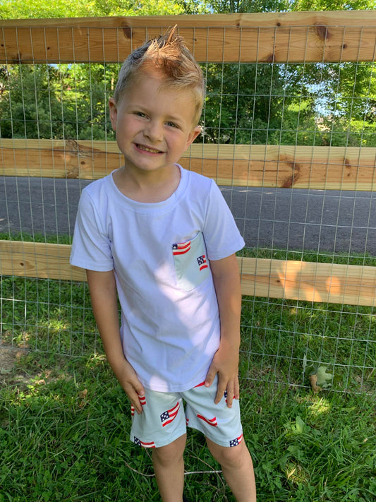 BSSO0642 White Pocket Top Flags Shorts Boys 4th of July Clothes Set