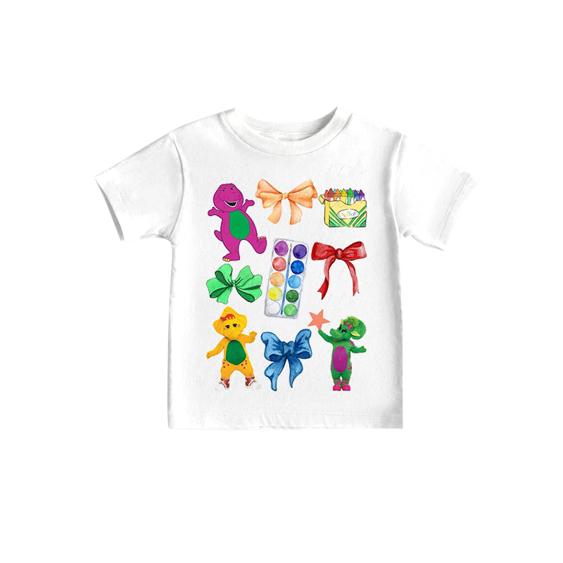 (Custom Design Preorder MOQ 5)NO.16 Colorful Dino Bows Print Girls Summer Tee Shirts Top