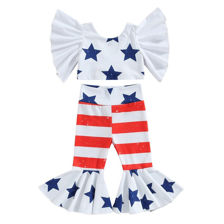(Custom Design Preorder MOQ 5) Stars Top Red Stripes Bell Pants Girls 4th of July Clothes Set