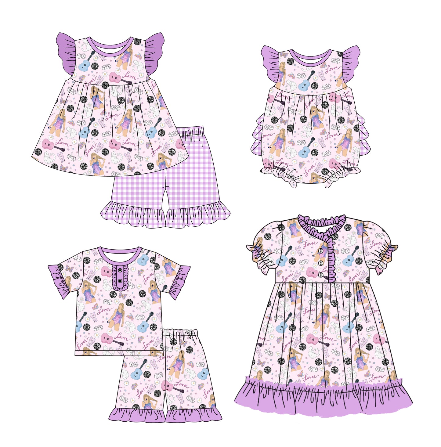 12.10(Custom Design Preorder MOQ 5 Each Design) Singer Swiftie Purple Print Girls Summer Matching Clothes Sisters Wear