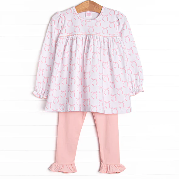 (Custom Design Preorder MOQ 5) Small Bows Tunic Top Pink Pants Girls Fall Clothes Set