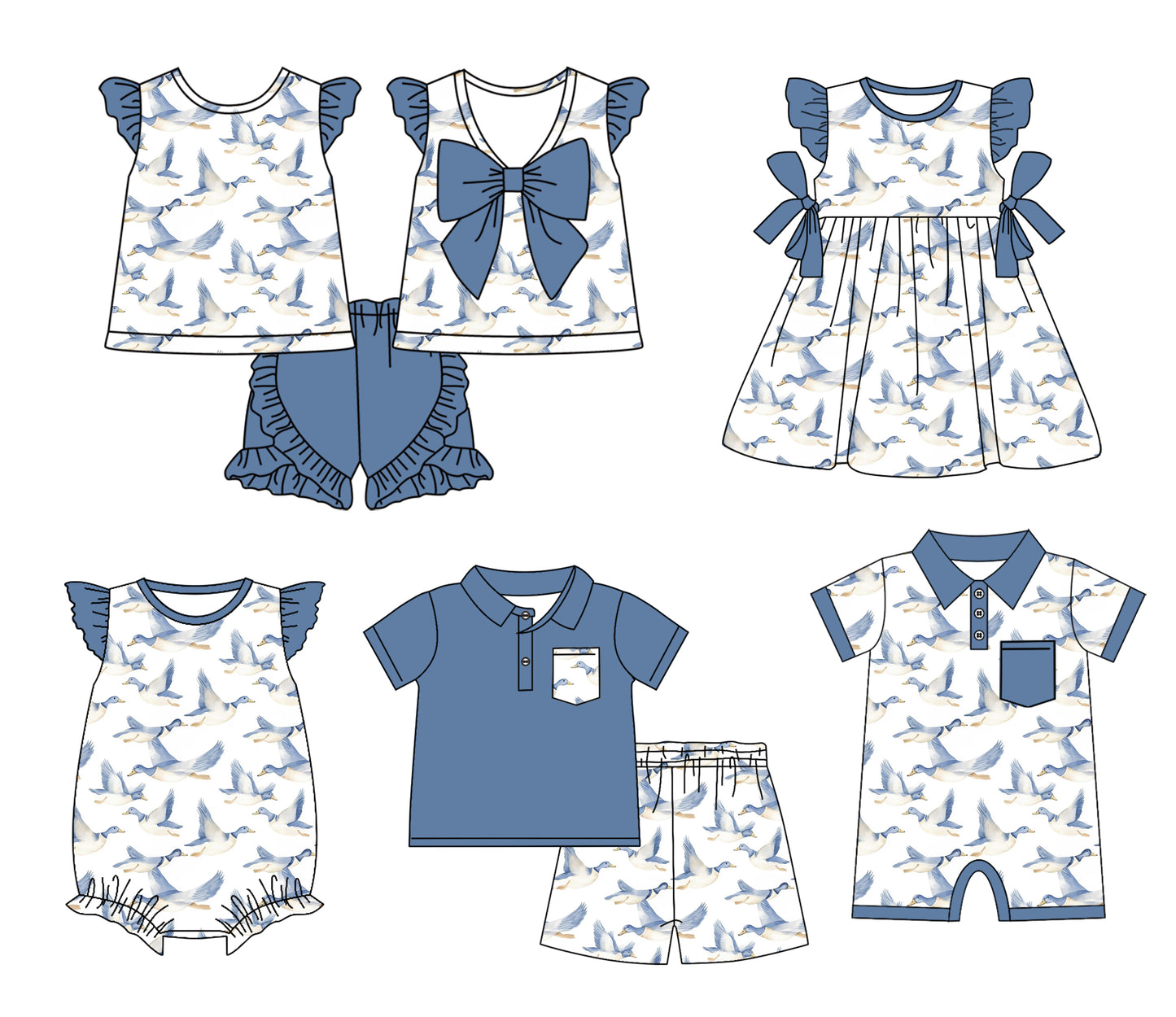 11.9(Custom Design Preorder MOQ 5 Each Design) Duck Blue Print Kids Summer Matching Clothes Sibling Wear