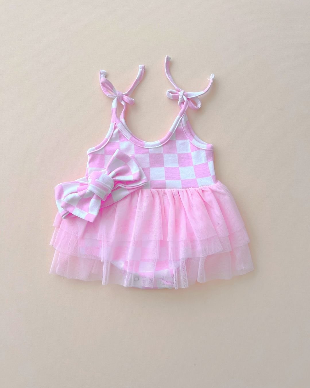 (Custom Design Preorder MOQ 5) Pink Plaid Print Baby Girls Summer Tulle Romper