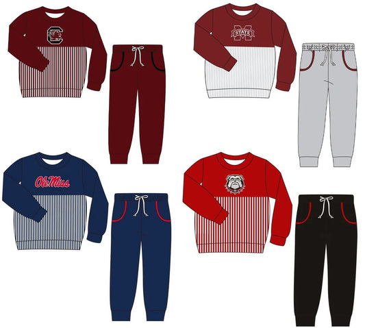 (Custom Design Preorder MOQ 5) 4 Design Team's Stripes Top Pockets Pants Kids Clothes Set