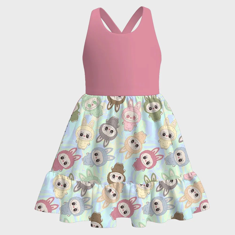 (Custom Design Preorder MOQ 5) Cartoon Animals Pink Print Girls Summer Knee Length Dress