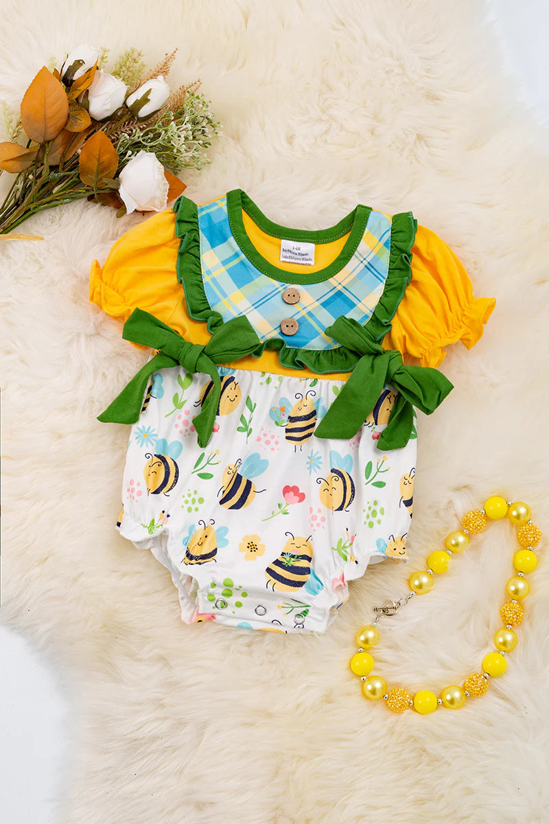 (Custom Design Preorder MOQ 5) Bee Flowers Print Baby Girls Spring Romper