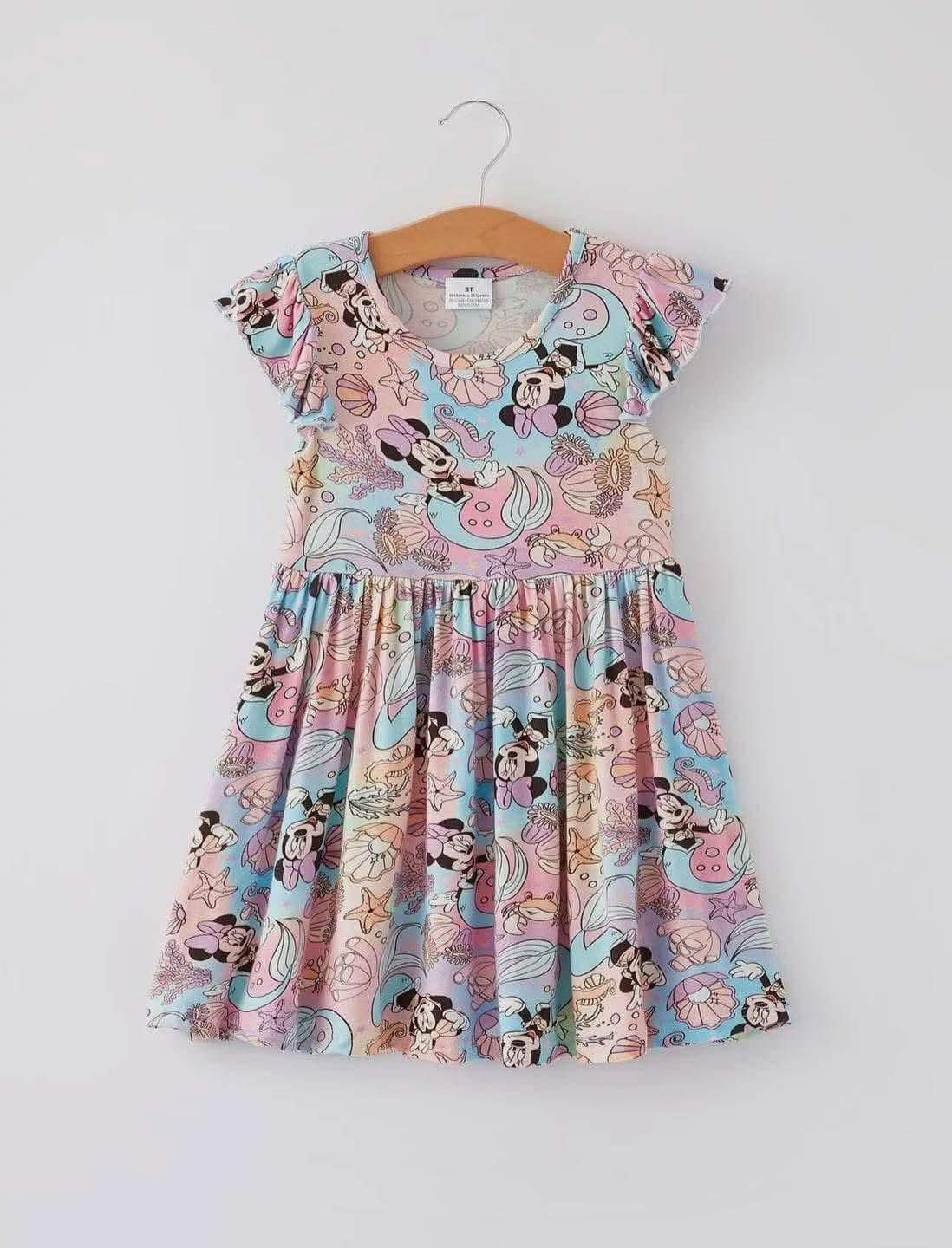 (Custom Design Preorder MOQ 5) Cartoon Mouse Shell Print Girls Knee Length Dress