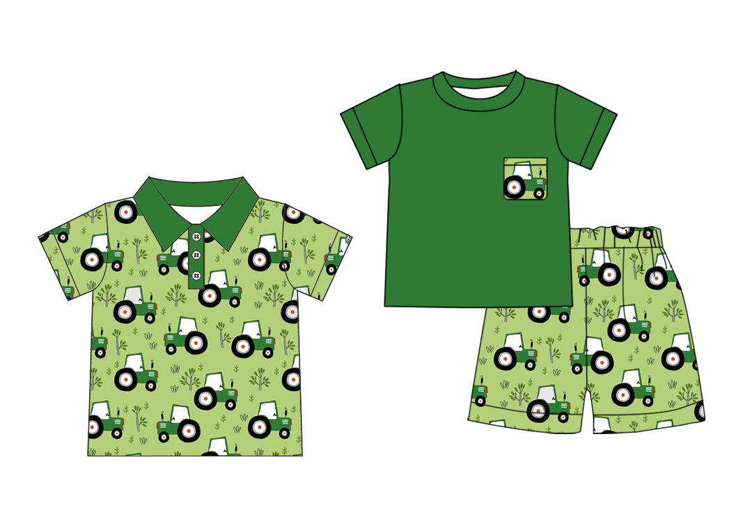 3.31(Custom Design Preorder MOQ 5 Each Design) Tractors Green Print Boys Summer Matching Clothes Brothers Wear