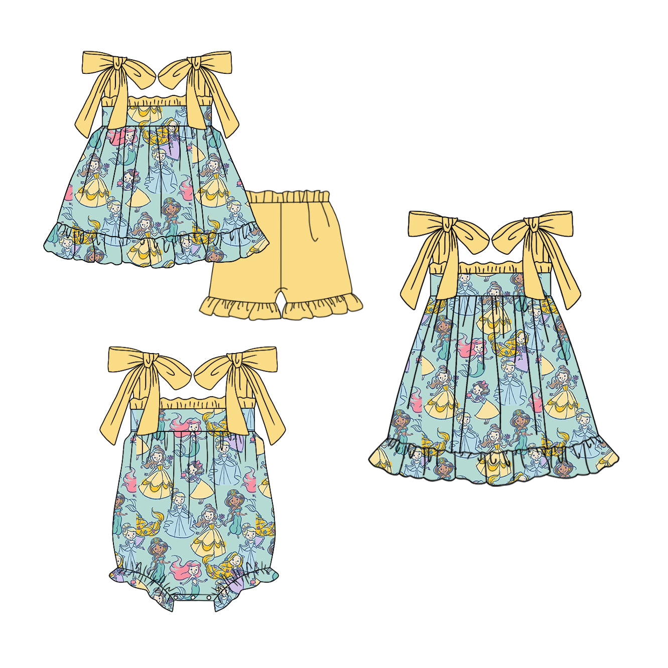 11.18(Custom Design Preorder MOQ 5 Each Design) Cartoon Princess Print Girls Summer Matching Clothes Set Sisters Wear