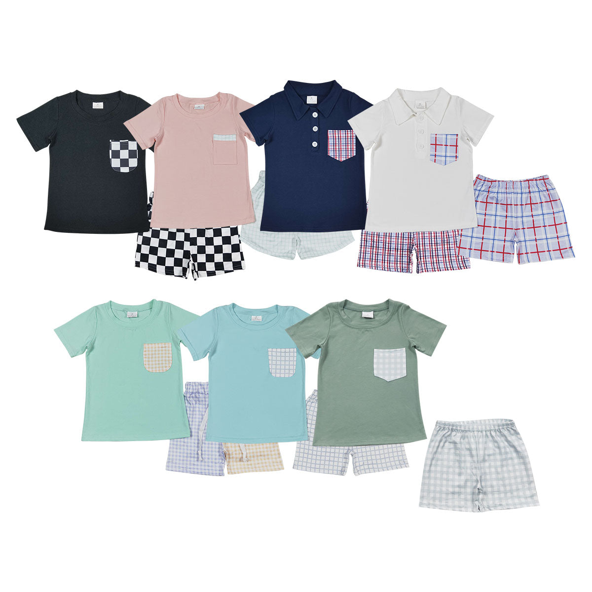 8 Styles Pocket Top Plaid Shorts Boys Summer Clothes Set Brothers Wear