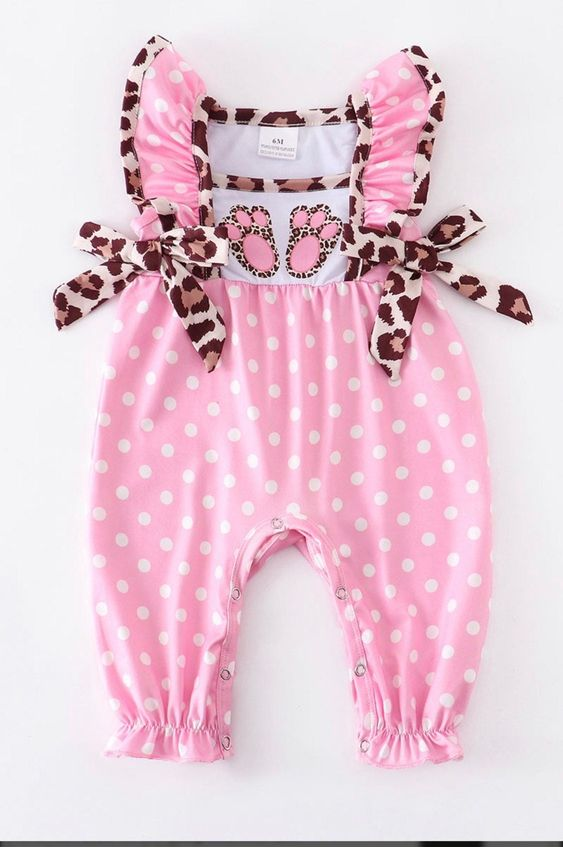 (Custom Design Preorder MOQ 5) Pink Dots Leopard Cute Bunny Print Baby Girls Easter Romper