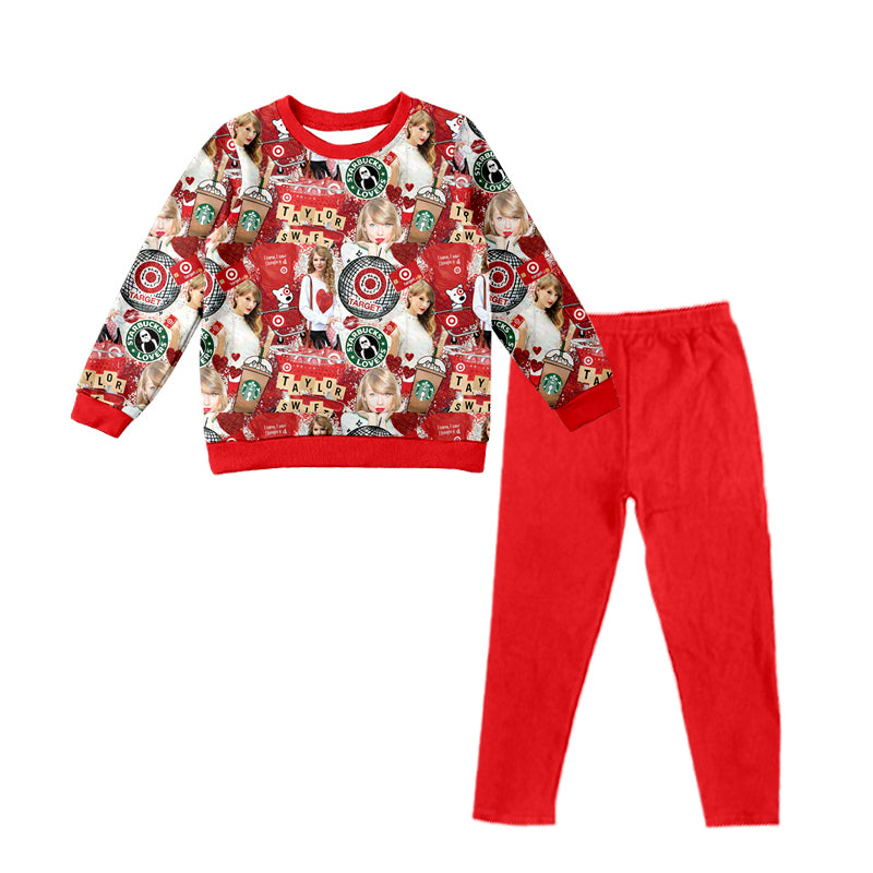 (Custom Design Preorder MOQ 5) Singer Swiftie Coffee Top Red Legging Pants Girls Fall Clothes Set