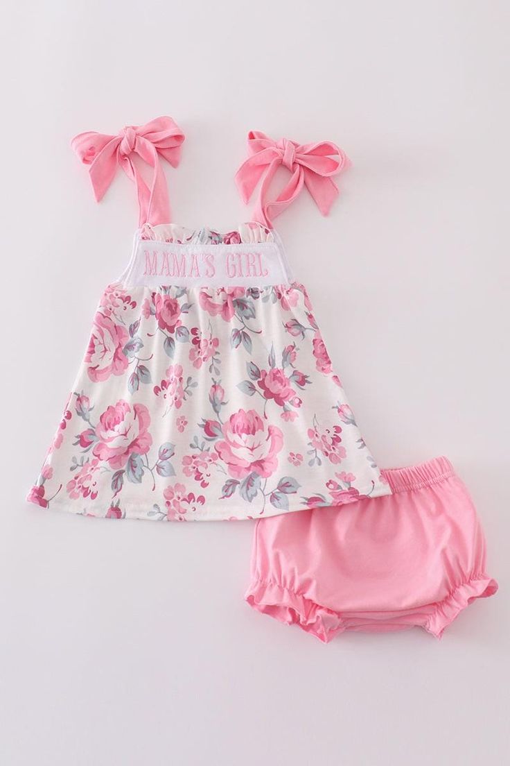 (Custom Design Preorder MOQ 5) MAMA'S GIRL Flowers Top Pink Shorts Baby Girls Summer Bummie Set
