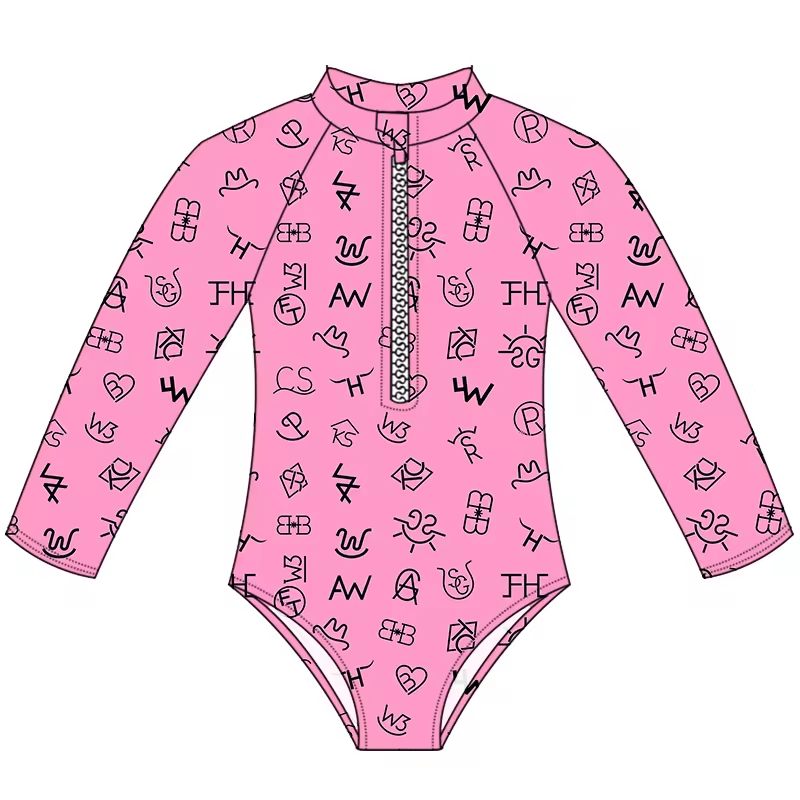 (Custom Design Preorder MOQ 5) Pink Western Words Print Girls 1 Piece Long Sleeve Zipper Swimsuits