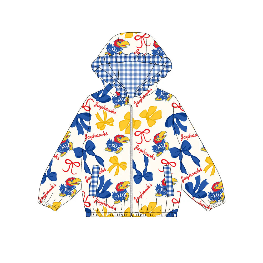 (Custom Design Preorder MOQ 5) Team's Jayhawks Bows Print Pockets Girls Long Sleeve Zipper Jackets Top