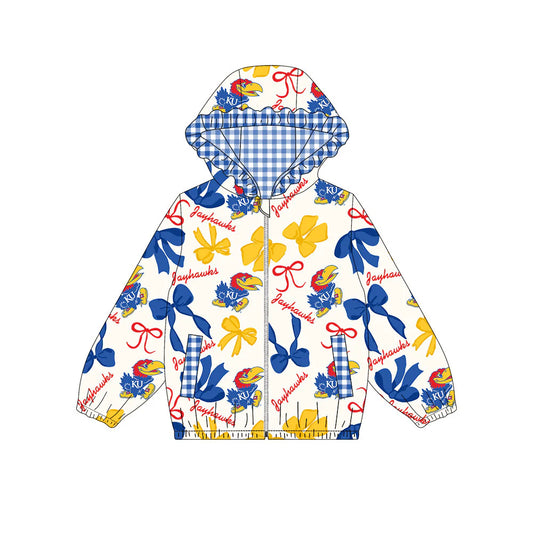 (Custom Design Preorder MOQ 5) Team's Jayhawks Bows Print Pockets Girls Long Sleeve Zipper Jackets Top