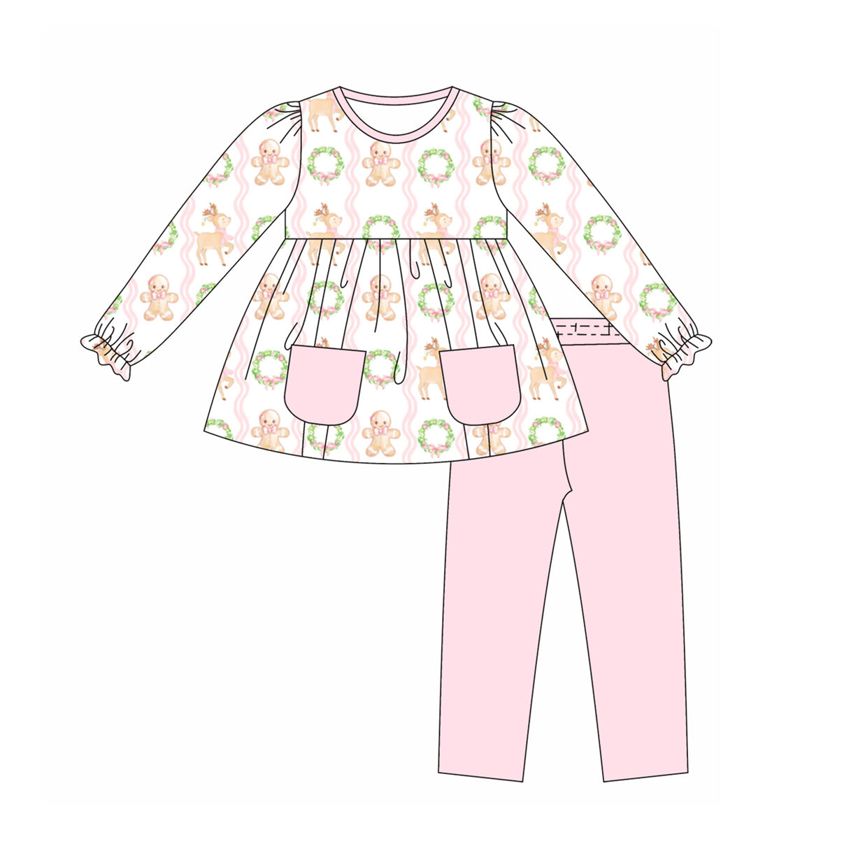 (Custom Design Preorder MOQ 5) Christmas Pockets Tunic Top Pink Pants Girls Christmas Clothes Set