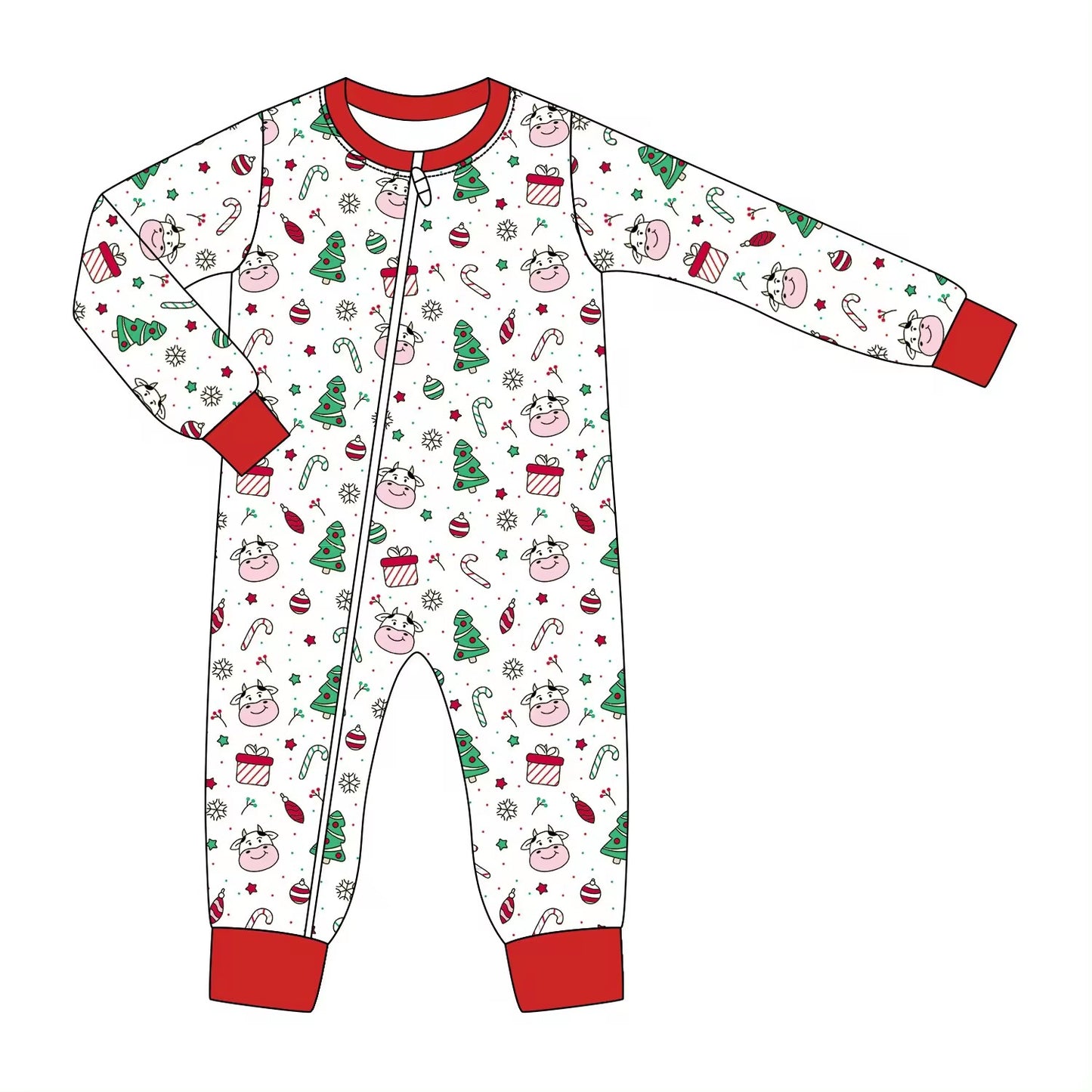 (Custom Design Preorder MOQ 5) Cow Candy Cane Print Baby Girls Christmas Sleeper Zipper Romper
