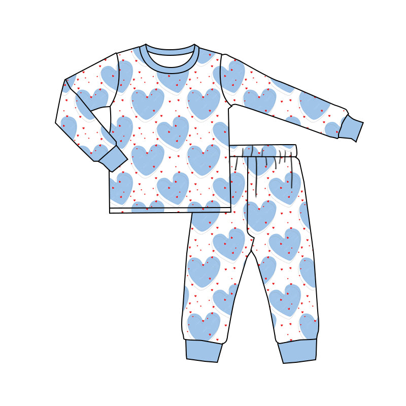 (Custom Design Preorder MOQ 20) Heart Blue Print Boys Valentine's Day Pajamas Bamboo Clothes Set