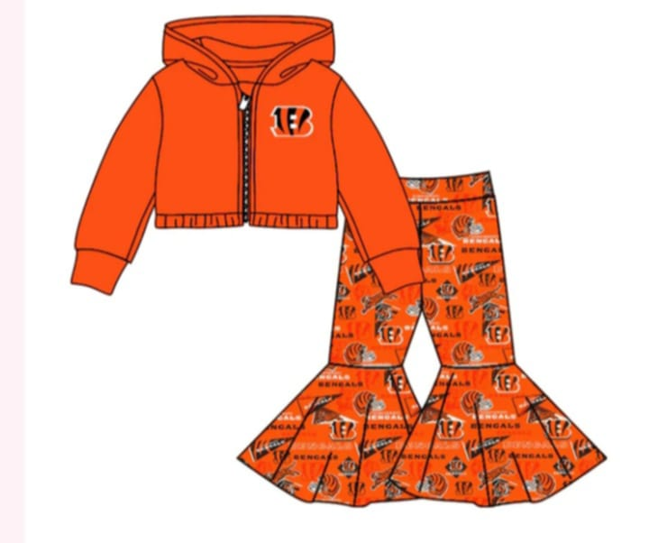 (Custom Design Preorder MOQ 5 ) Football Team's Cincinnati Bengals Jacket Zipper Hoodie Top Bell Pants Girls Clothes Set