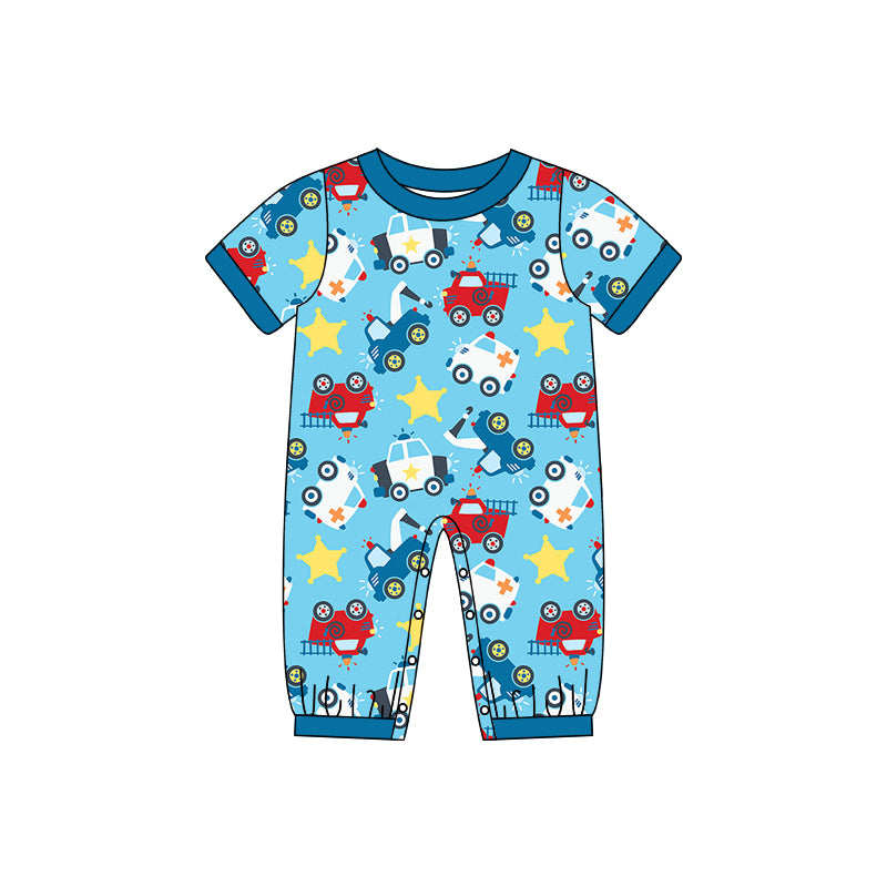 (Custom Design Preorder MOQ 5) Blue Cars Print Baby Boys Summer Romper