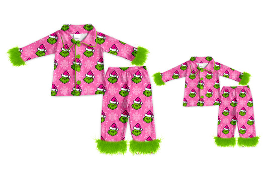 8.1(Custom Design Preorder MOQ 5 Each Design) Green Frog Pink Print Christmas Buttons Fur Pajamas Sets Mom and Me Matching Clothes
