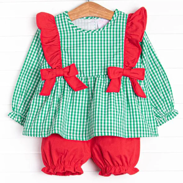 (Custom Design Preorder MOQ 5) Green Plaid Top Red Shorts Girls Christmas Clothes Set