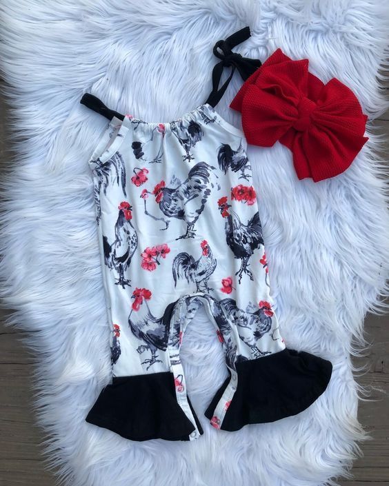 (Custom Design Preorder MOQ 5) Chicken Flowers Print Baby Girls Summer Romper