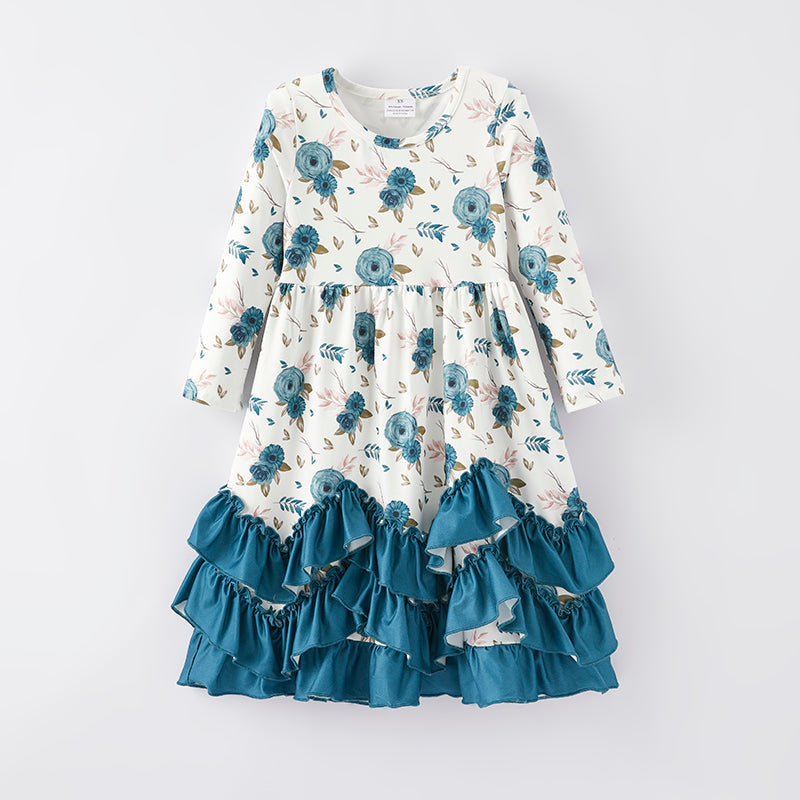 (Custom Design Preorder MOQ 5) Blue Flowers Print Girls Fall Ankle Length Dress