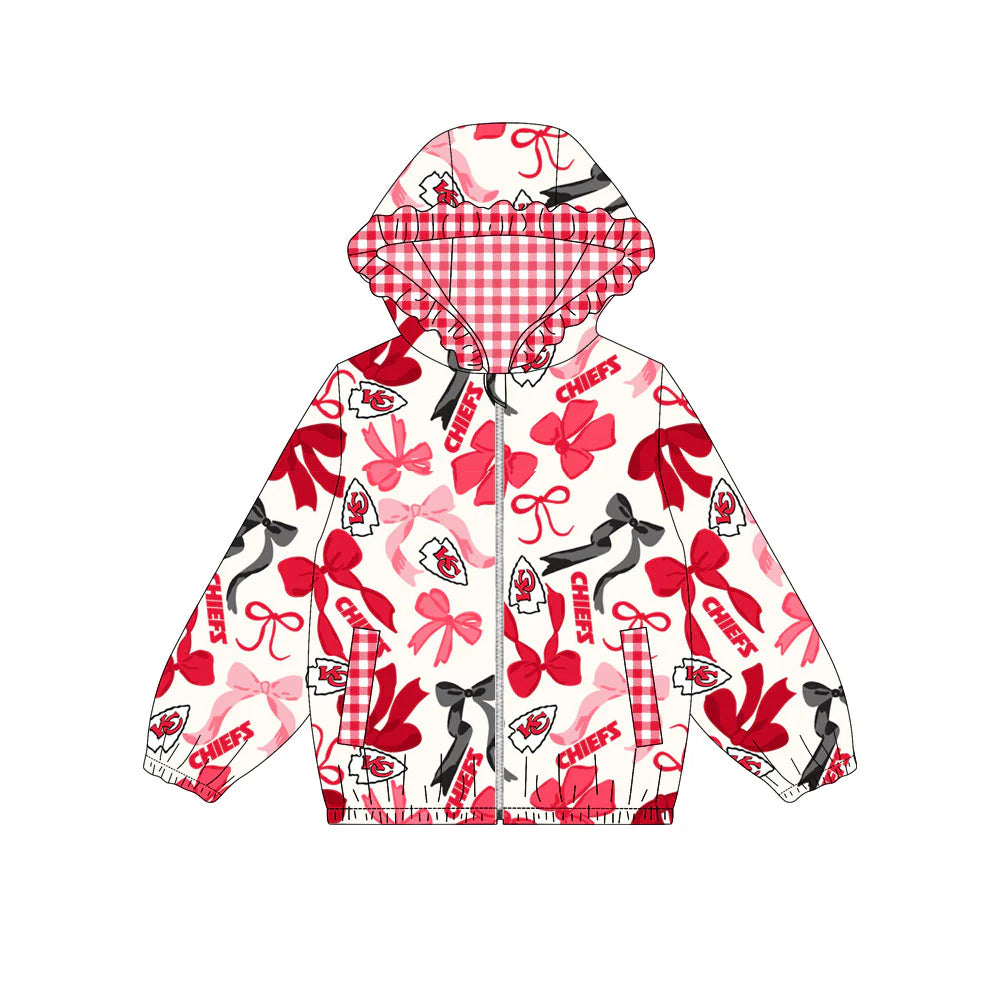 (Custom Design Preorder MOQ 5) Team's CHIEFS Bows Print Pockets Girls Long Sleeve Zipper Jackets Top