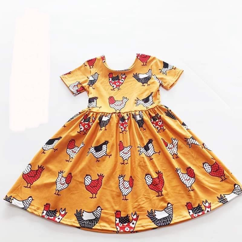 (Custom Design Preorder MOQ 5 ) Chicken Print Girls Summer Knee Length Dress