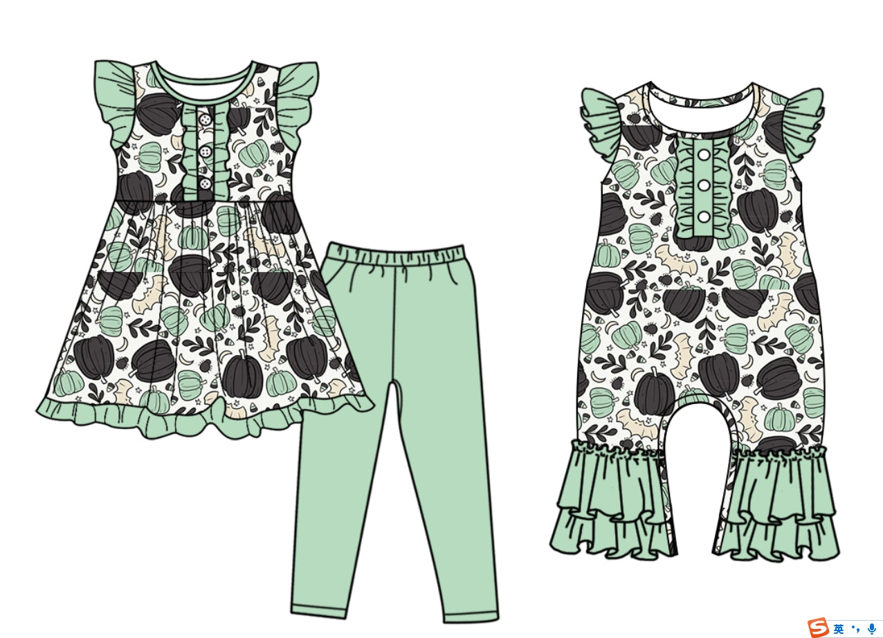 5.5(Custom Design Preorder MOQ 5 Each Design) Pumpkin Bat Print Girls Halloween Matching Clothes Sisters Wear
