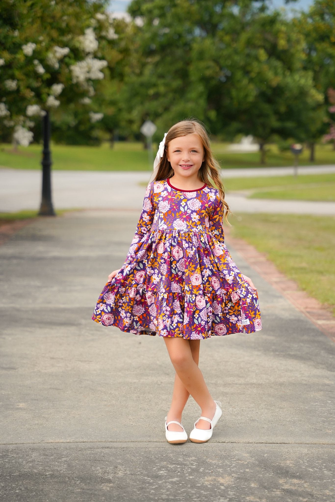 (Custom Design Preorder MOQ 5 ) Purple Flowers Print Girls Fall Knee Length Dress