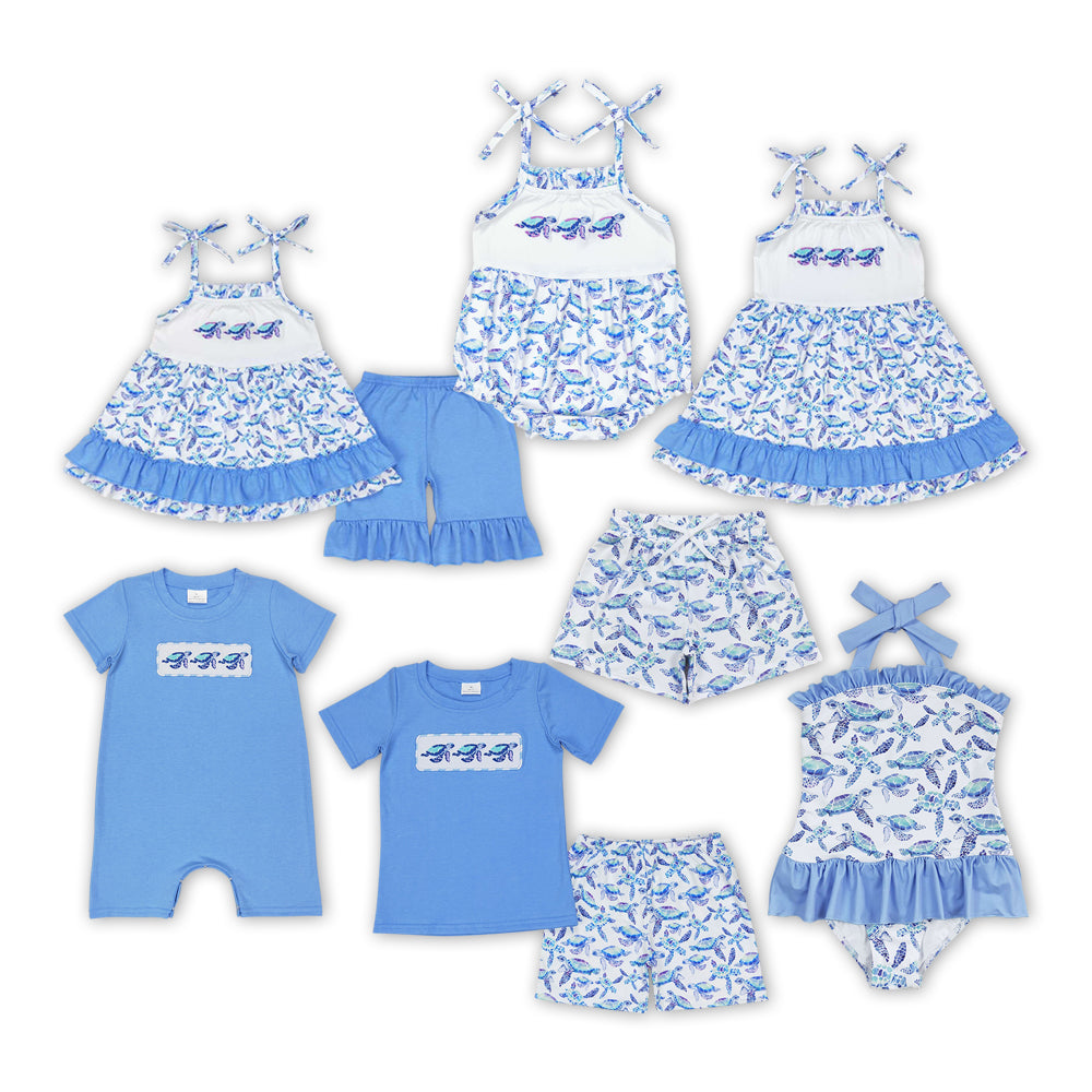 Sea Turtle Embroidery Blue Print Sibling Summer Matching Clothes
