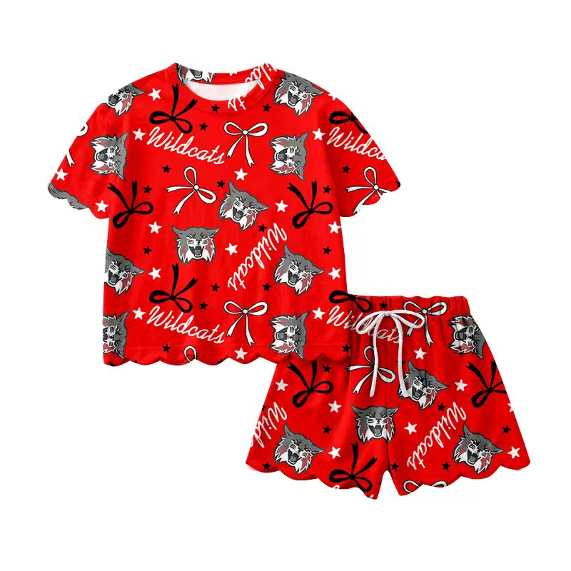 (Custom Design Preorder MOQ 5) Teams Wildcats Bows Print Girls Summer Scallop Clothes Set