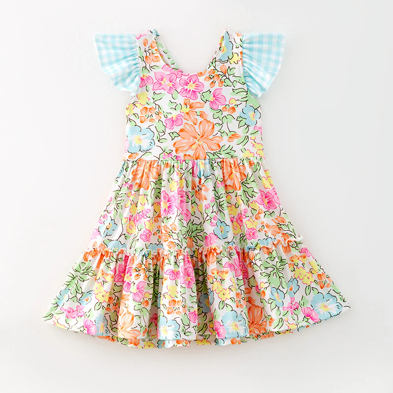 (Custom Design Preorder MOQ 5) Orange Flowers Print Girls Knee Length Dress
