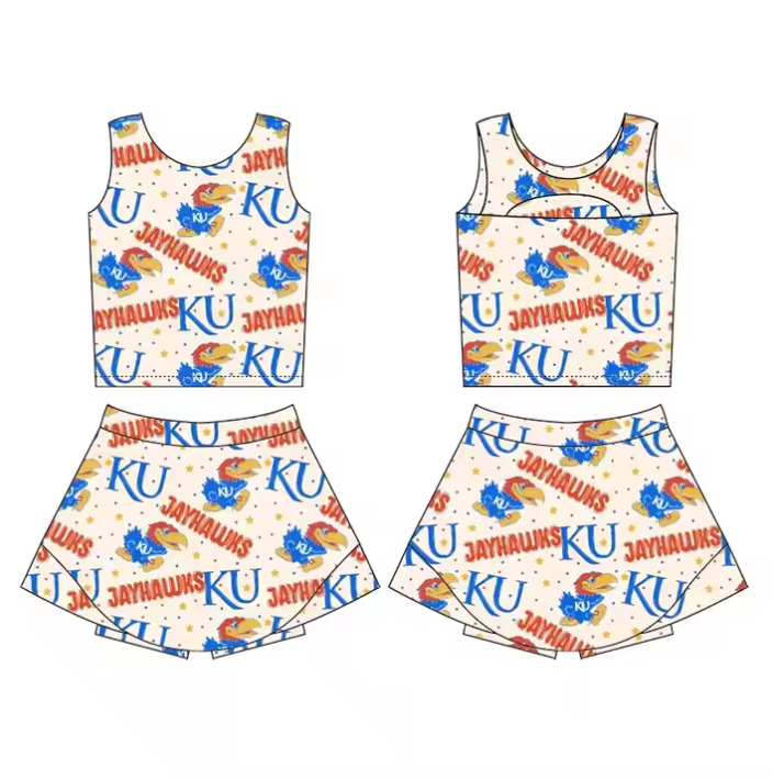 (Custom Design Preorder MOQ 5 )Team's JAYHAWKS Print Shorts Skirts Girls Summer Yoga Clothes Set