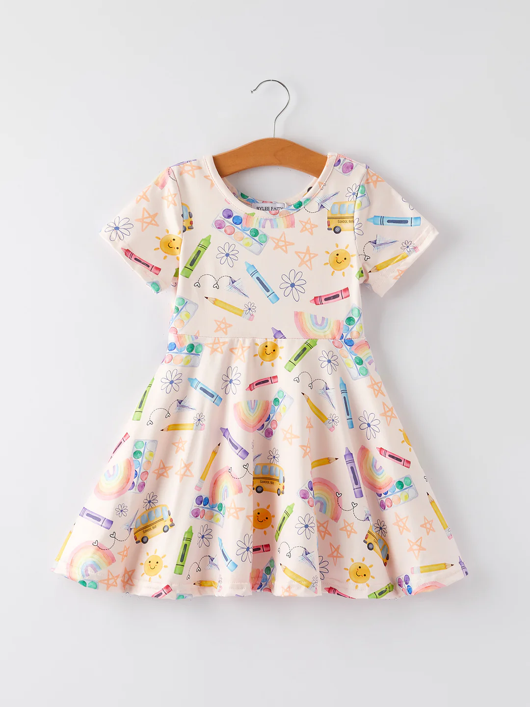 (Custom Design Preorder MOQ 5) Pen Rainbow Print Girls Back to School Knee Length Dress