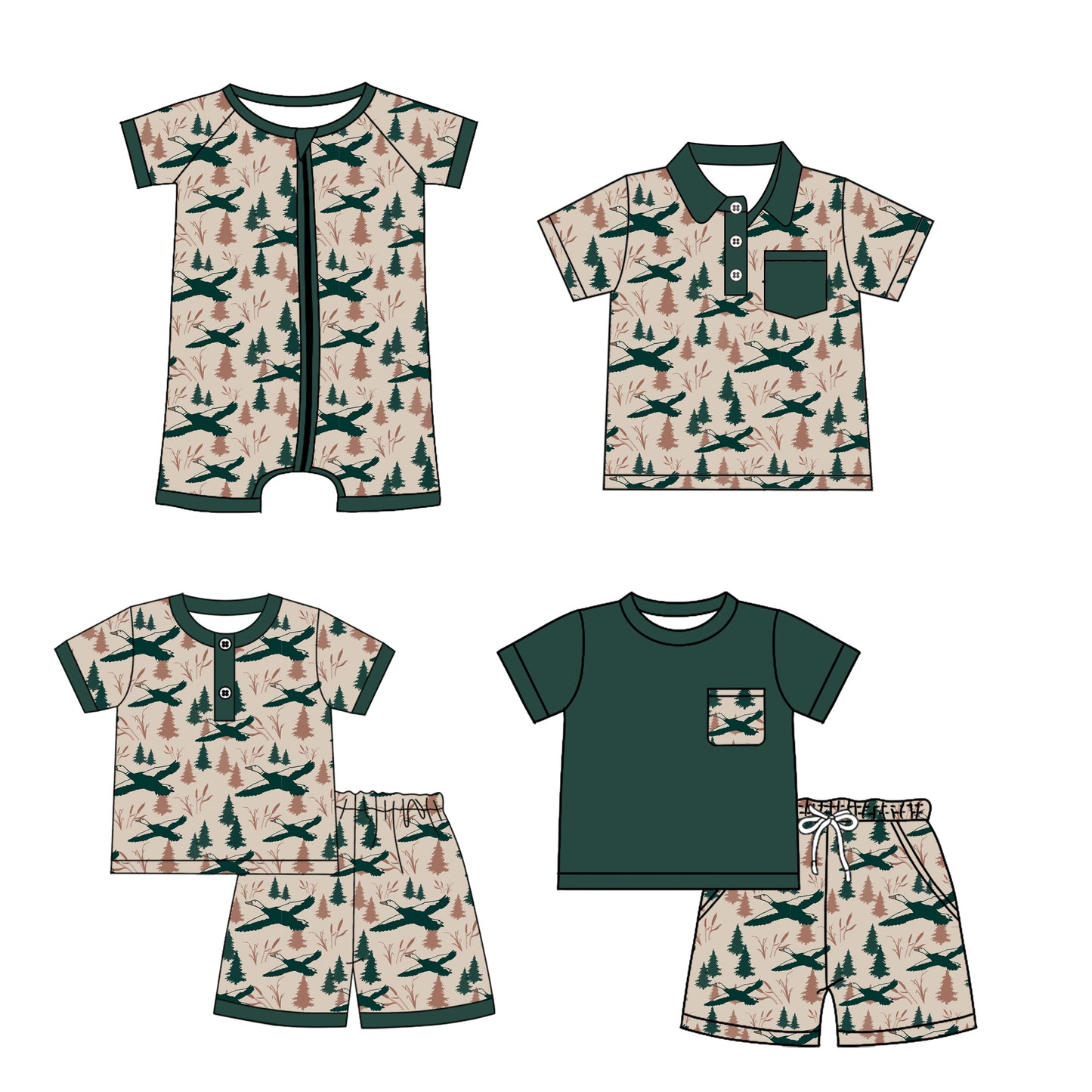 3.6(Custom Design Preorder MOQ 5 Each Design) Duck Green Print Boys Summer Matching Clothes Brothers Wear