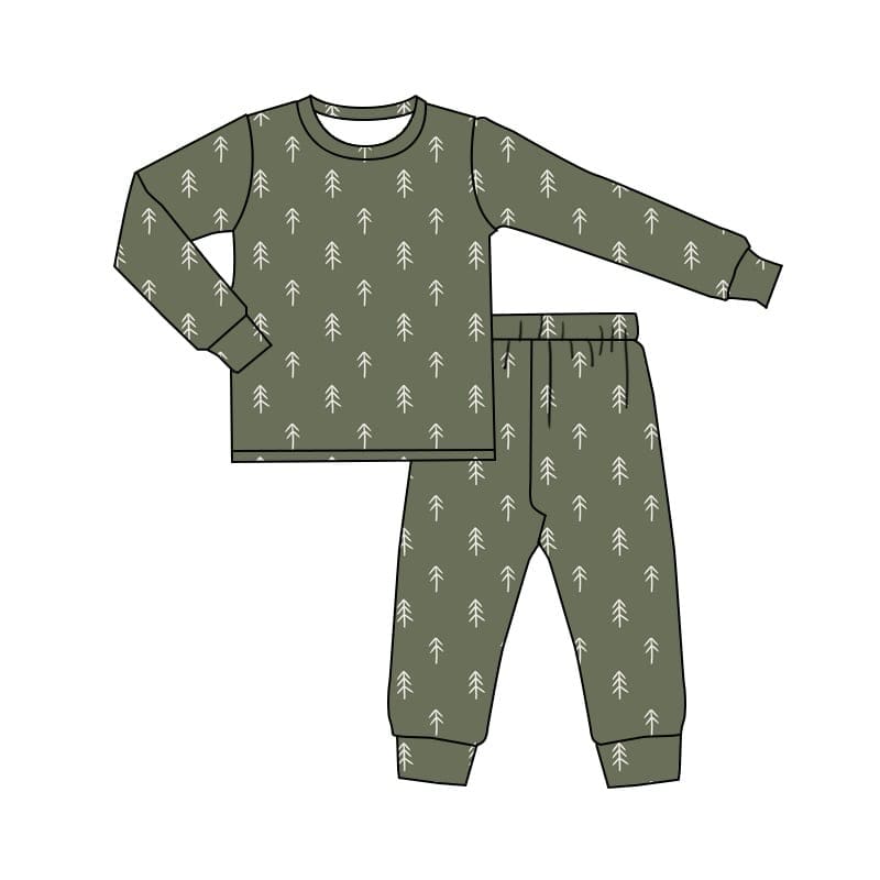 (Custom Design Preorder MOQ 20) Tree Green Print Boys Christmas Bamboo Pajamas Clothes Set