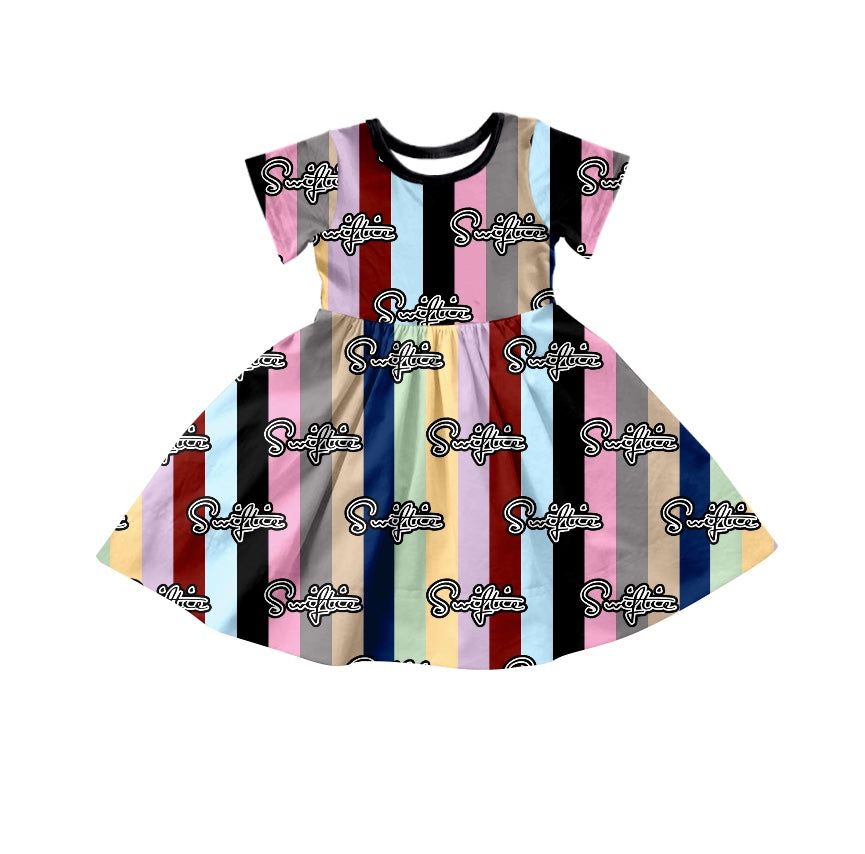 (Custom Design Preorder MOQ 5) Singer Stripes Print Girls Summer Knee Length Dress