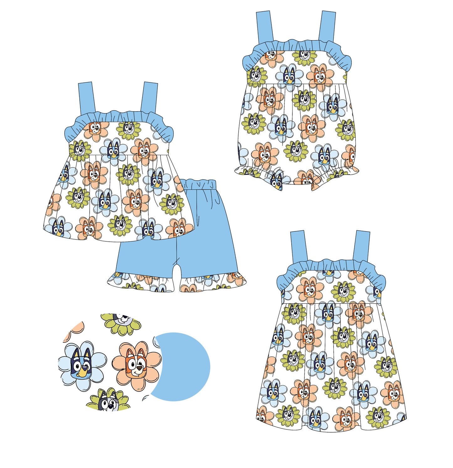 3.10(Custom Design Preorder MOQ 5 Each Design) Cartoon Dog Flowers Print Girls Summer Matching Clothes Sisters Wear