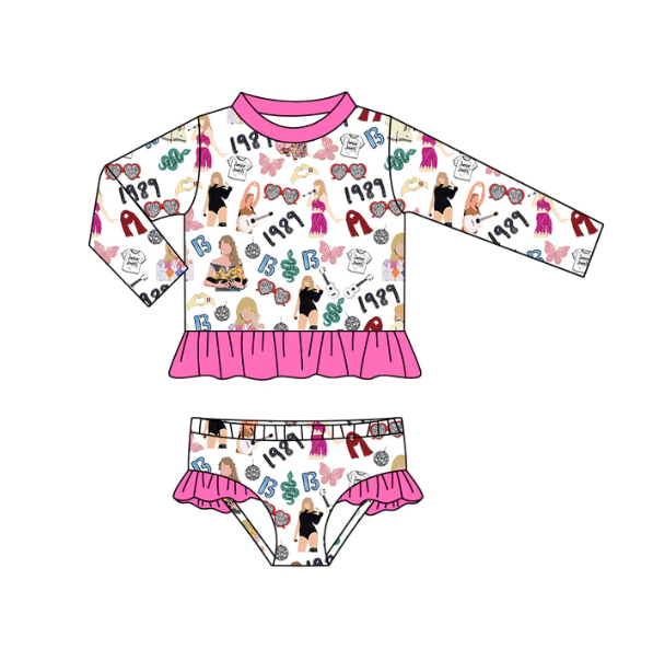 (Custom Design Preorder MOQ 5) Singer Swiftie Print Girls 2 Pieces Long Sleeve Swimsuits