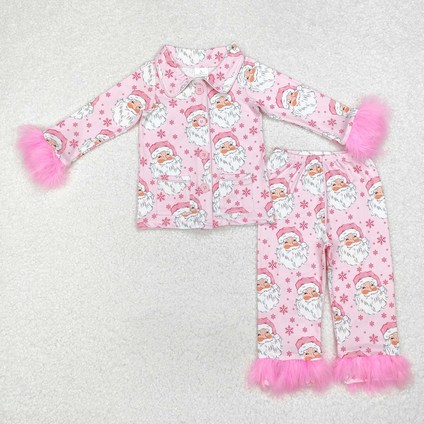 Pink Santa Print Mom and Me Matching Christmas Buttons Fur Pajamas Clothes Set