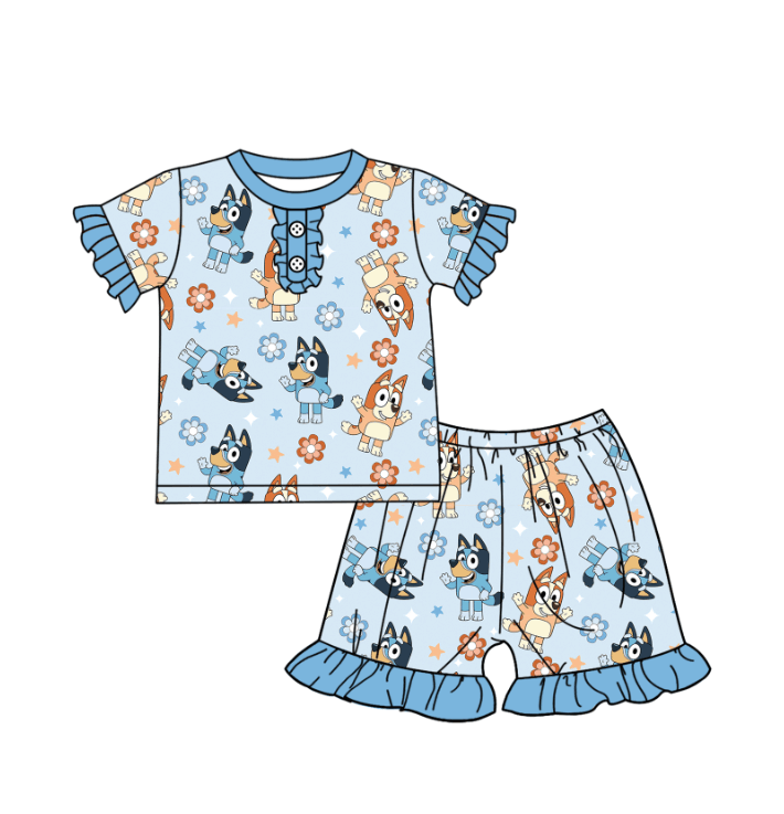 (Custom Design Preorder MOQ 5 ) Cartoon Dog Flowers Girls Summer Pajamas Clothes Set