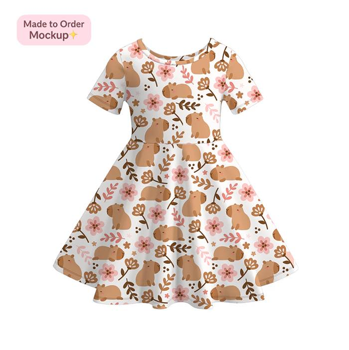 (Custom Design Preorder MOQ 5) Capybara Flowers Print Girls Summer Knee Length Dress