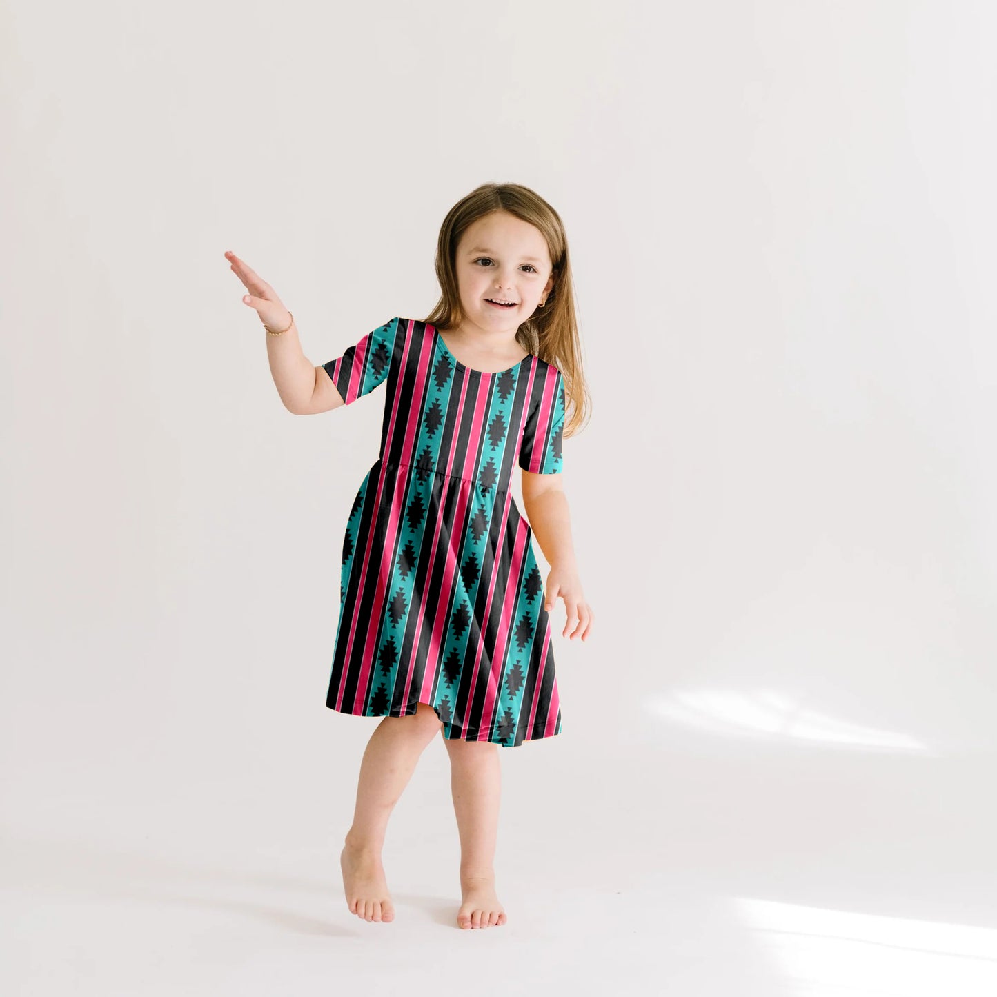 (Custom Design Preorder MOQ 5) Aztec Stripes Western Print Girls Summer Knee Length Dress