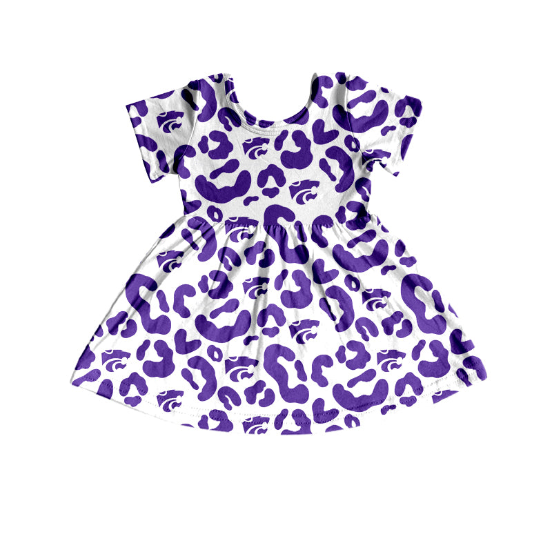 (Custom Design Preorder MOQ 5) Team's Kansas Purple Leopard Print Girls Short Sleeve Knee Length Dress